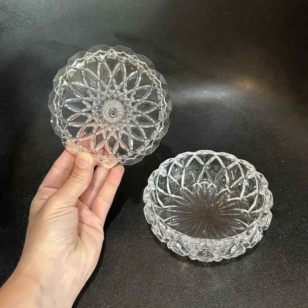 Clear Glass Geometric Cut Glass Bowl with Lid Hersey Kiss Crystal Fairy Garden
